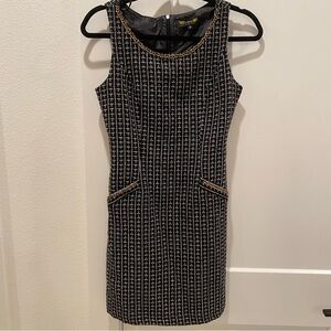 Sleeveless Black Tweed Mini Dress with Gold-Trim Details